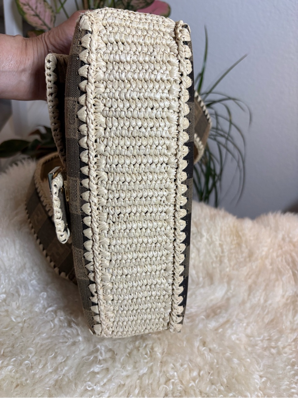FENDI Fabric Jacquard Raffia Straw Pequin Gingham Woven Baguette Beige Black - Picture 6 of 16